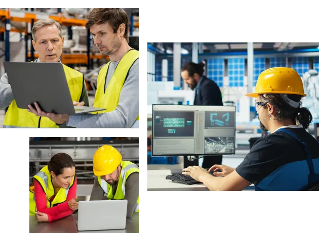 Constructor workers analysing EHS software options